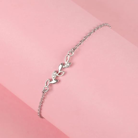 LukGud Silver Leaf Bracelet, Adjustable, Rhodium Plated, Swiss Zirconia for Women and Girls