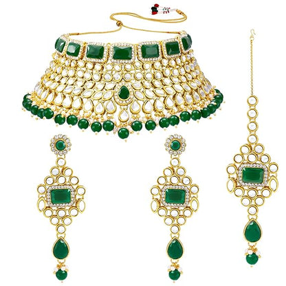 LukGud Rani Padmavati Kundan Faux Pearl Choker Necklace with Earrings Maang Tikka for Women Girls Traditional Jewellery set