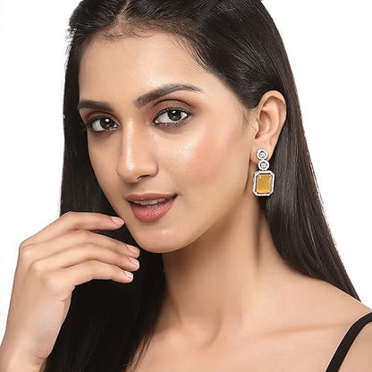 LukGud Oxidised Silver-Plated American Diamond studded Oval Shaped Drop Earrings Jewellery For Girls and Women