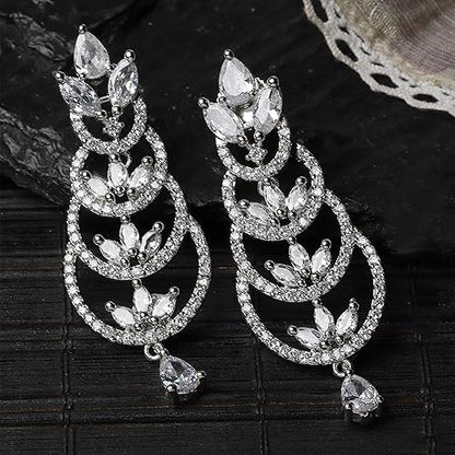 LukGud Oxidised Silver-Plated American Diamond studded Crescent Drop Earrings for Girls and Women