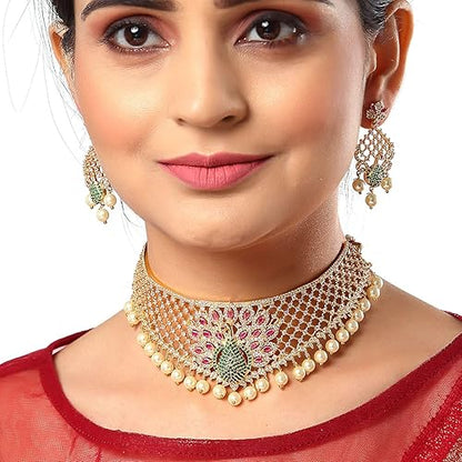 LukGud  Gold Plated White & Red American Diamond Studded With Drop Pearl Beaded Jewellery Set For Women & Girl
