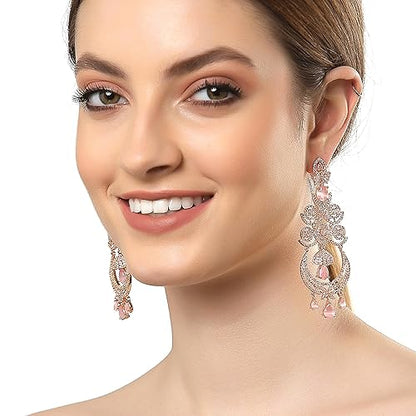 LukGud Floral Shaped American Diamond Dangle Chandelier Earring For Women And Girls