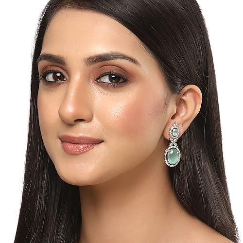 LukGud Oxidised Silver-Plated American Diamond studded Oval Shaped Drop Earrings Jewellery For Girls and Women