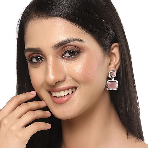 LukGud Oxidised Silver-Plated American Diamond studded Oval Shaped Drop Earrings Jewellery For Girls and Women