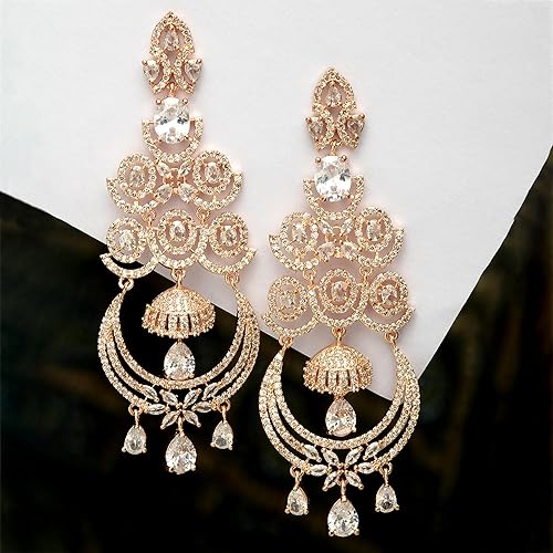 LukGud Floral Shaped American Diamond Dangle Chandelier Earring For Women And Girls