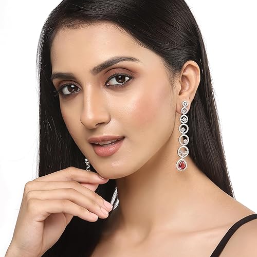 LukGud Oxidised Silver-Plated American Diamond studded Circular Shaped Drop Earrings for Girls and Women