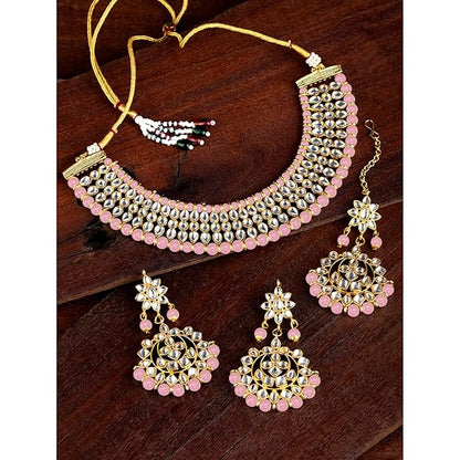 LukGud Gold Plated White Pearl Kundan Choker Necklace with Earring Maang Tikka Traditional Jewellery Set for Women