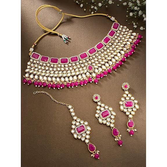 LukGud Rani Padmavati Kundan Faux Pearl Choker Necklace with Earrings Maang Tikka for Women Girls Traditional Jewellery set