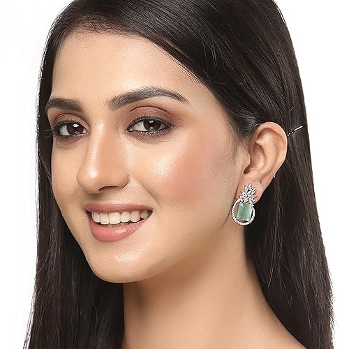 LukGud Oxidised Silver-Plated American Diamond studded Paisley Shaped Studs Earrings for Girls and Women