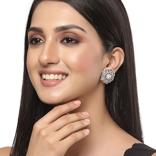 LukGud Rose Gold Plated Crescent Contemporary Floral Embelished Designed Stud Earring Jewellery For Girls and Women