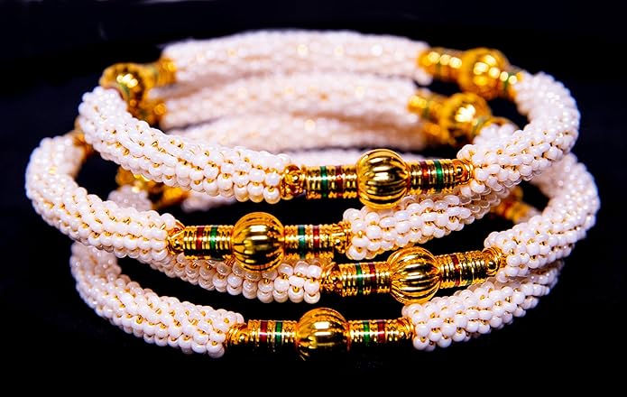 LukGud Traditional Pearl Studded Gold Plated Bangles Set for Women and Girls - 4 Bangles