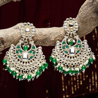 LukGud Gold-Plated Kundan studded Crescent Shaped Chandbali Earrings for Girls and Women