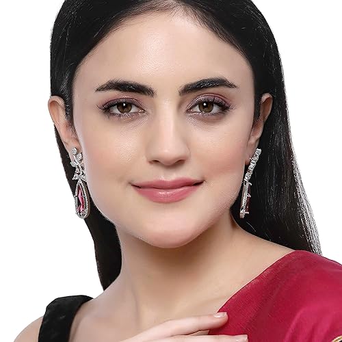 LuKGud Rhodium-Plated American Diamond Studded Teardrop & Leaf Shaped Drop Earrings For Girls and Women