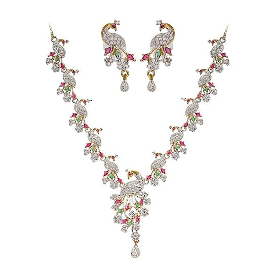 LukGud  American Diamond Peacock Style Necklace Jewellery Set for Women and Girls, Multi-Color, Medium