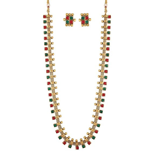 LukGud South Indian Stylish Multicolour Stone Work Long Necklace With Earrings For Women & Girls