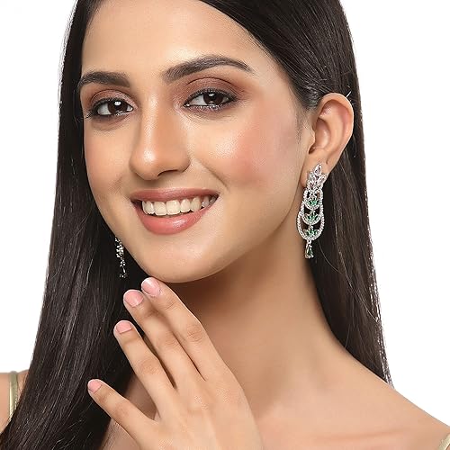 LuKGud Oxidised Silver-Plated American Diamond studded Crescent Drop Earrings for Girls and Women