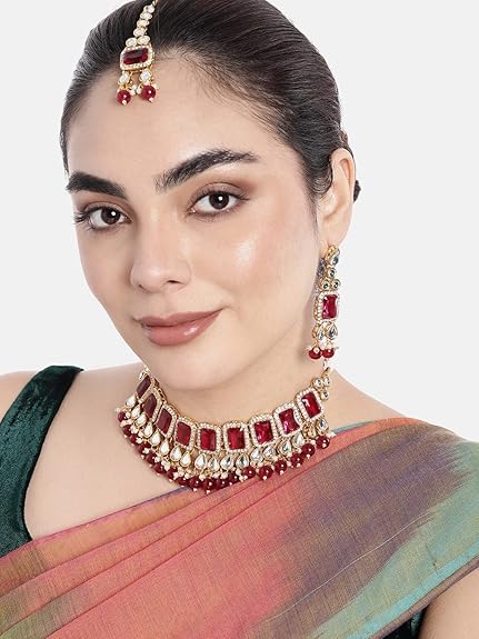 LukGud Crystal Faux Pearl Kundan Necklace & Jewelry Set Gift for Women