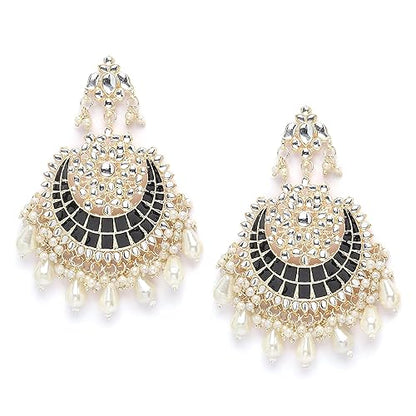 LukGud Gold-Plated Kundan studded Crescent Shaped Chandbali Earrings for Girls and Women