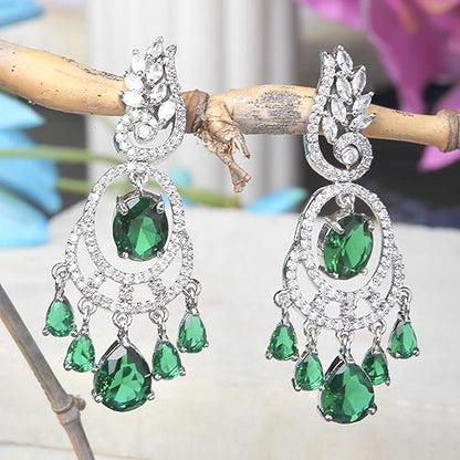 LukGud Rhodium-Plated American Diamond Studded Oval & Leaf Shaped Drop Earrings For Girls and Women