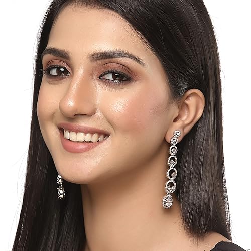 LukGud Oxidised Silver-Plated American Diamond studded Circular Shaped Drop Earrings for Girls and Women