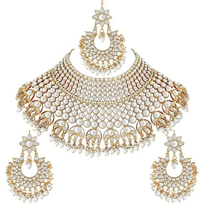 LukGud  Indian Wedding Traditional Gold Plated Kundan Choker Necklace Set with Tikka and Earrings for Wome Girls
