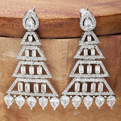 LukGud Oxidised Silver-Plated American Diamond studded Triangular Shaped Drop Earrings for Girls and Women