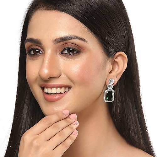 LukGud Oxidised Silver-Plated American Diamond studded Oval Shaped Drop Earrings Jewellery For Girls and Women