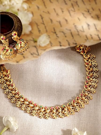 LukGud 22k Gold-Plated Red & Green Stone Studded Handcrafted Traditional Temple Jewellery Set For Women
