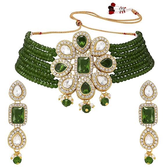 LukGud Crystal Beaded Adjustable Choker Collar Necklace Earring Jewellery Set