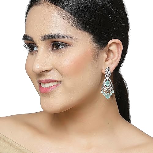 LukGud Rhodium-Plated American Diamond Studded Oval & Leaf Shaped Drop Earrings For Girls and Women