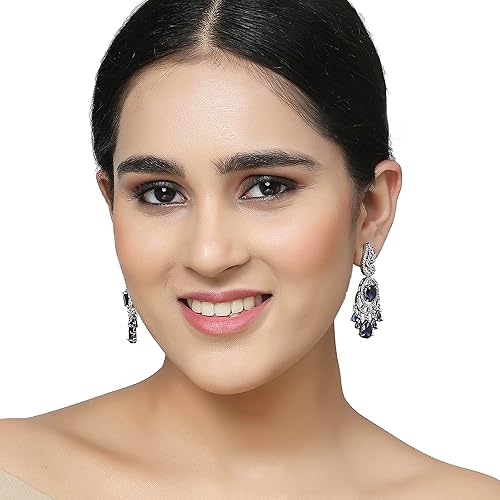 LukGud Rhodium-Plated American Diamond Studded Oval & Leaf Shaped Drop Earrings For Girls and Women