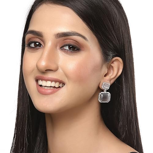 LukGud Oxidised Silver-Plated American Diamond studded Oval Shaped Drop Earrings Jewellery For Girls and Women