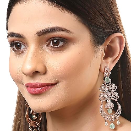 LukGud Floral Shaped American Diamond Dangle Chandelier Earring For Women And Girls