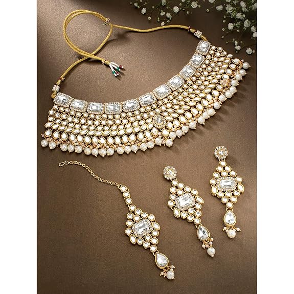 Lukgud Rani Padmavati Kundan Faux Pearl Choker Necklace with Earrings Maang Tikka for Women Girls Traditional Jewellery set