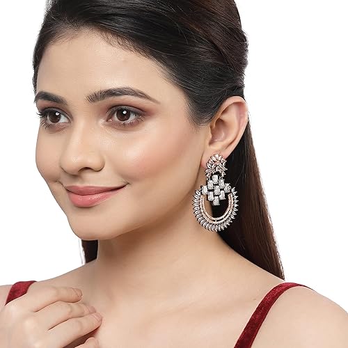 LukGud American Diamond Studded Rhodium-Plated Chandbalis Earrings