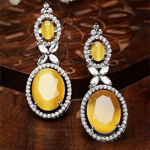 LukGud Oxidised Silver-Plated American Diamond studded Oval Shaped Drop Earrings Jewellery For Girls and Women