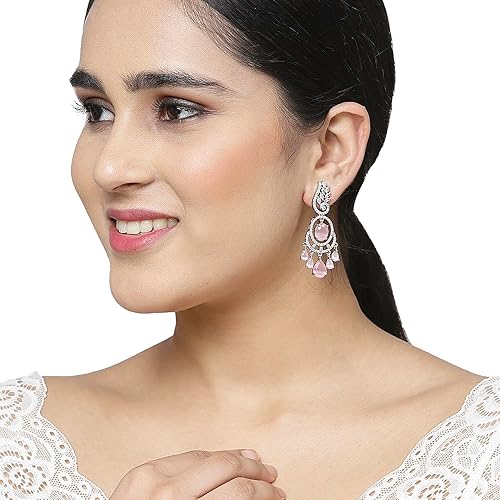 LukGud Rhodium-Plated American Diamond Studded Oval & Leaf Shaped Drop Earrings For Girls and Women