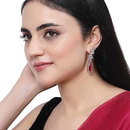 LuKGud Rhodium-Plated American Diamond Studded Teardrop & Leaf Shaped Drop Earrings For Girls and Women