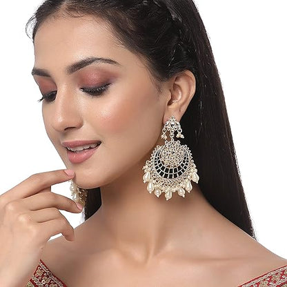 LukGud Gold-Plated Kundan studded Crescent Shaped Chandbali Earrings for Girls and Women