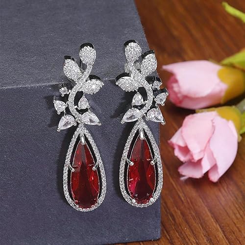 LuKGud Rhodium-Plated American Diamond Studded Teardrop & Leaf Shaped Drop Earrings For Girls and Women