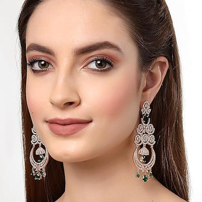 LukGud Floral Shaped American Diamond Dangle Chandelier Earring For Women And Girls