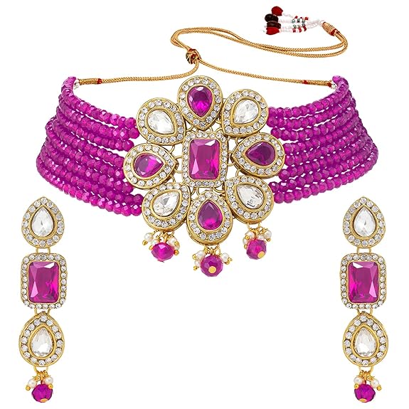 LukGud Crystal Beaded Adjustable Choker Collar Necklace Earring Jewellery Set