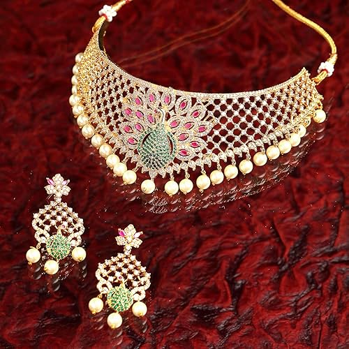 LukGud  Gold Plated White & Red American Diamond Studded With Drop Pearl Beaded Jewellery Set For Women & Girl