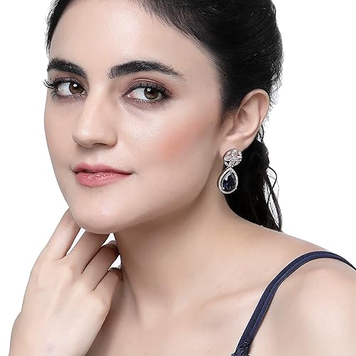 LukGud Rhodium-Plated American Diamond Studded Teardrop & Floral Shaped Drop Earrings For Girls and Women