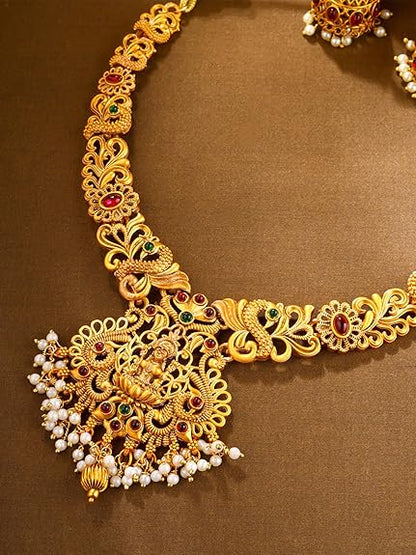 LukGud Jewellery Set for Women Gold-Plated Temple Necklace Set Stone-Studded For Women & Girls