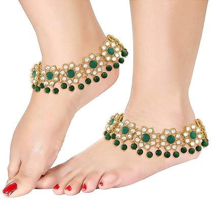 LukGud Traditional Gold Plated Encased With Faux Kundan & Pearls Adjustable Pair Of Bridal Green Anklets Payal For Women/Girls