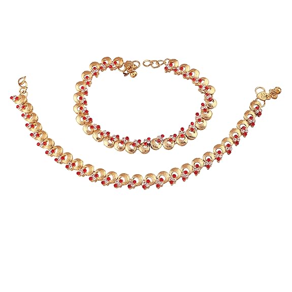 LukGud Gold Plated Traditional Stone Studded Payal Anklets for Women