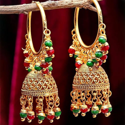 LukGud Gold Plated Copper Black & Gold-Toned Dome Shaped Jhumkas Earrings Jewellery For Wormen and Girls