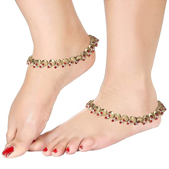 LukGud Gold Plated Traditional Stone Studded Payal Anklets for Women