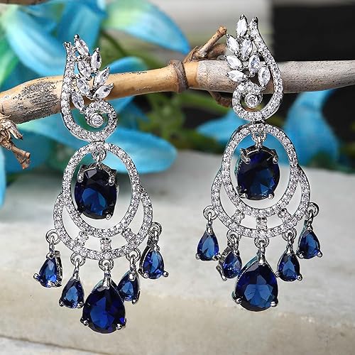 LukGud Rhodium-Plated American Diamond Studded Oval & Leaf Shaped Drop Earrings For Girls and Women